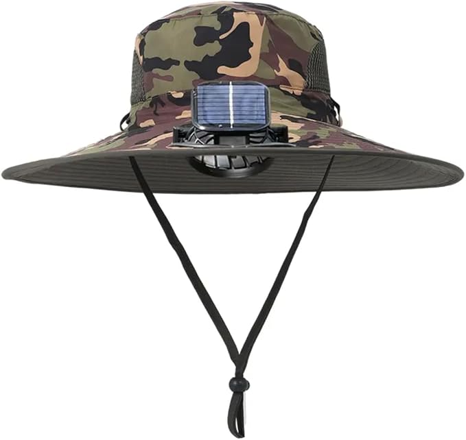 Solar Powered Fan Hat for Men & Women – UPF50+ Wide Brim Camo Sun Hat for Outdoor Hiking, Fishing, Camping, Gardening – Cooling Bucket Hat with USB Rechargeable Fan, UV Protection, Breathable Design