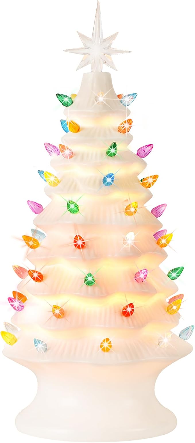 Lakumu 16.5" Table Top Christmas Tree, Hand Painted Resin Christmas Tree with Lights, Pre-lit Xmas Tree Decor Lighted Tabletop Decoration with Multicolored LED Bulbs, Ceramic-Like Finish, White