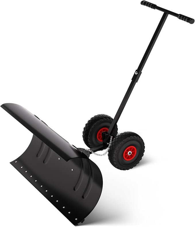 29" Snow Pusher Shovel with Wheels, Adjustable Ergonomic T-Handle Snow Plow for Driveway, Heavy Duty Wheeled Rolling Shovels for Driveway and Sidewalks with Angeled Blade