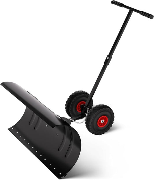 36" Snow Pusher Shovel with Wheels, Adjustable Ergonomic T-Handle Snow Plow for Driveway, Heavy Duty Wheeled Rolling Shovels for Driveway and Sidewalks with Angeled Blade
