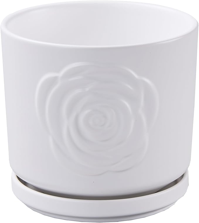 Ekirlin 7 inch Flower Plant Pot Indoor - Ceramic Garden Planters, Modern Rose Pattern Plant Pots with Drain Hole Saucer, Weatherproof Decorative Pot for Home, Office & Outdoor (White)