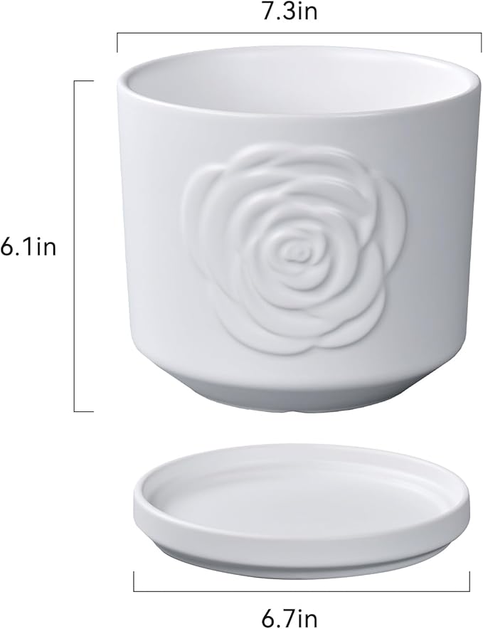 Ekirlin 7 inch Flower Plant Pot Indoor - Ceramic Garden Planters, Modern Rose Pattern Plant Pots with Drain Hole Saucer, Weatherproof Decorative Pot for Home, Office & Outdoor (White)