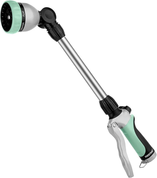RESTMO Metal Watering Wand, Heavy Duty Garden Hose Wand with 180° Swivel Ratcheting Head, 16'' Hose Nozzle Sprayer with 7 Spray Patterns and Flow Control, for Water Hanging Baskets and Shrubs, Cyan
