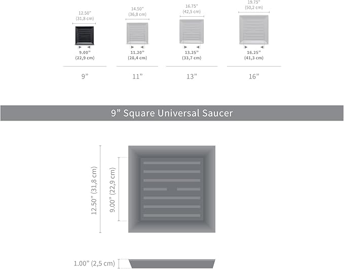 Crescent Garden Universal Square Plant Saucer, UV Resistant Durable Drip Tray for Square Planter, Heavy-Duty Plastic Drainage Dish, Indoor/Outdoor Flowerpot Saucer - 9'' Inner x 12.5" Outer (Rust)