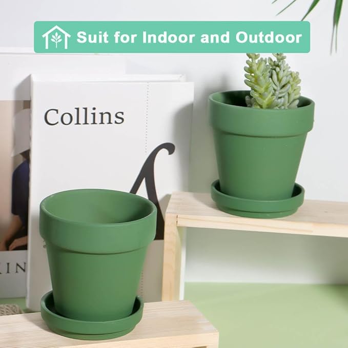 vensovo 4 Inch Small Green Terracotta Plant Pots with Saucer - 6 Pack Clay Flowerpots with Drainage, Great for Indoor Outdoor Plants, Crafts, Wedding Favor