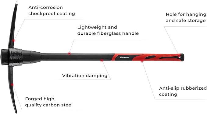 INTERTOOL Pick Axe for Digging - 36” Heavy Duty Garden Mattock Pickaxe - Rust Resistant Steel with Adze Hoe & Shock Absorbing Fiberglass Anti-Slip Handle - Cultivate, Loosen Soil, Dig - HT08-0305