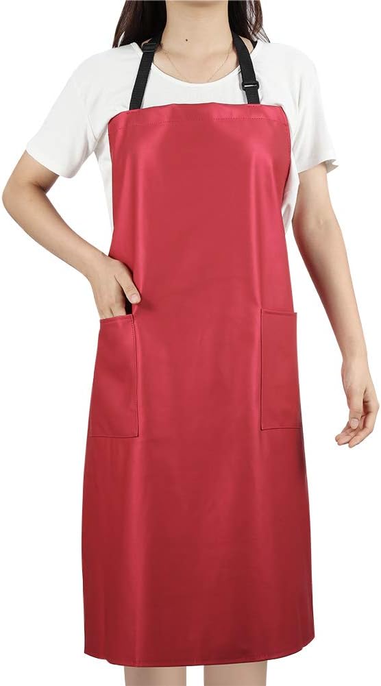 VWELL Waterproof Rubber Vinyl Apron for Women - Chemical Resistant Work Cloth with 2 Pockets - Adjustable Bib Butcher Apron - Best for DishWashing, Lab Work, Dog Grooming, Cleaning Fish (Red)