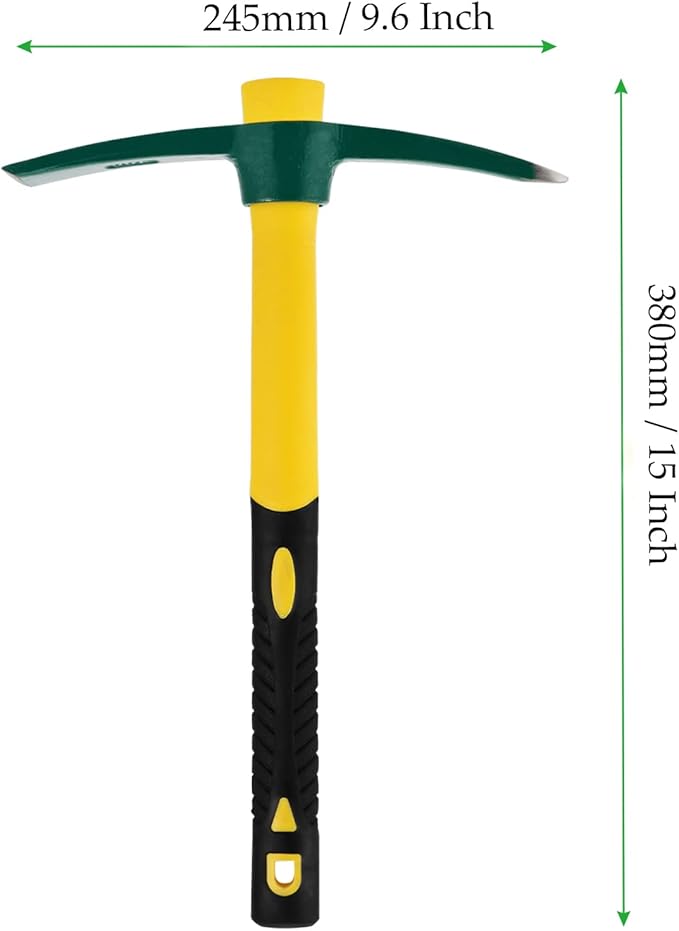 2 PCS 15 Inch Pick Mattock Hoe, Weeding Pick Axe with Fiberglass Long Handle Garden Tool for Digging, Gardening, Camping, Prospecting, Construction Work