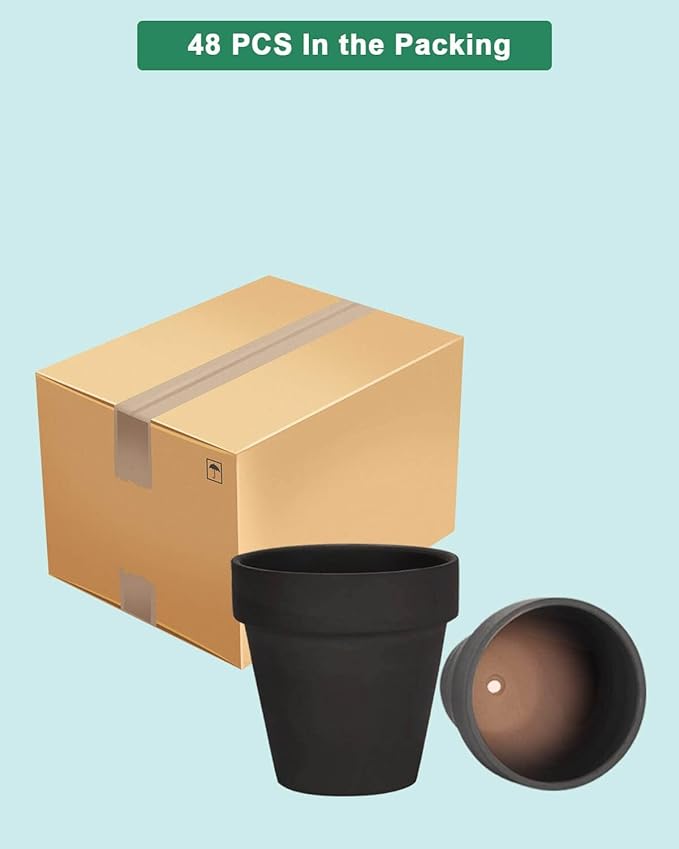 vensovo 48 Pcs Tiny Terracotta Pots - 2 inch Black Small Mini Clay Pots with Drainage Holes for Indoor/Outdoor Succulent Plants, Crafts, Wedding Favor