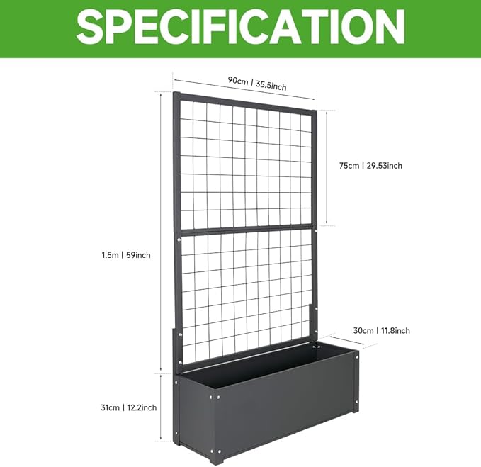 Metal Planter with Trellis Raised Garden Beds Outdoor (35.5" L*12" W*59" H) Inch Planter Box with Trellis&Privacy Screen for Climbing Plants, Vegetables, Vines
