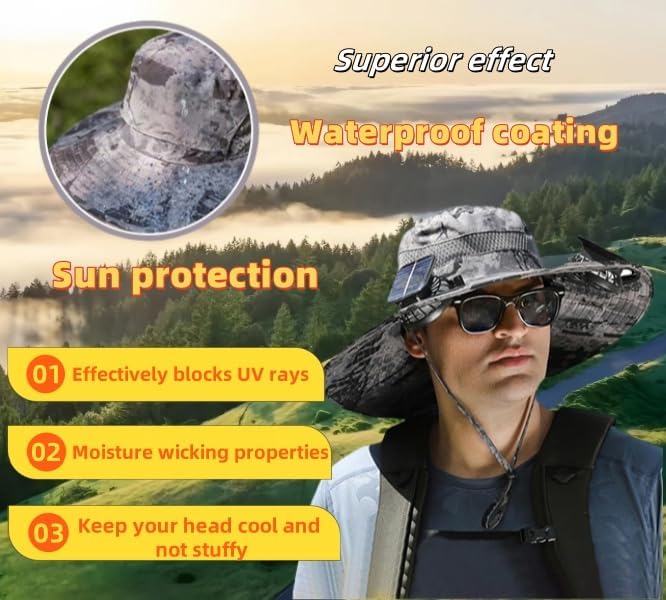 Solar Fan Hat Breathable Wide Brim Sun Hat for Men Women Sun Bucket Fishing Hats with 2 Solar Fan UPF 50+ Outdoor