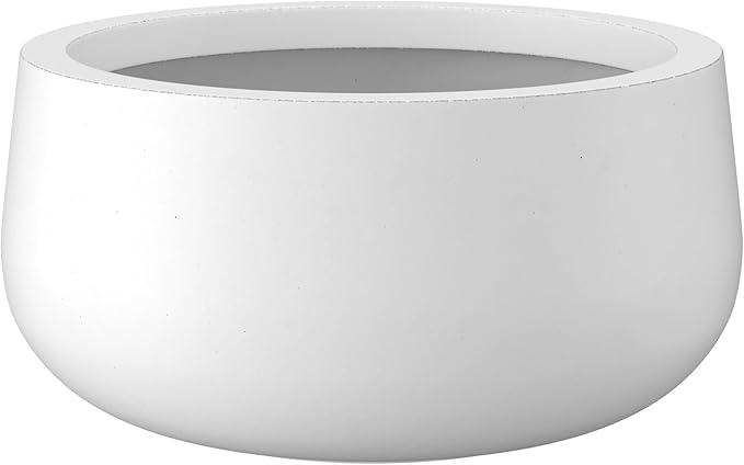 Kante 15.7" Dia Round Concrete Planter, Outdoor Indoor Garden Plant Pots with Drainage Hole and Rubber Plug, Modern Curvaceous Design, Pure White