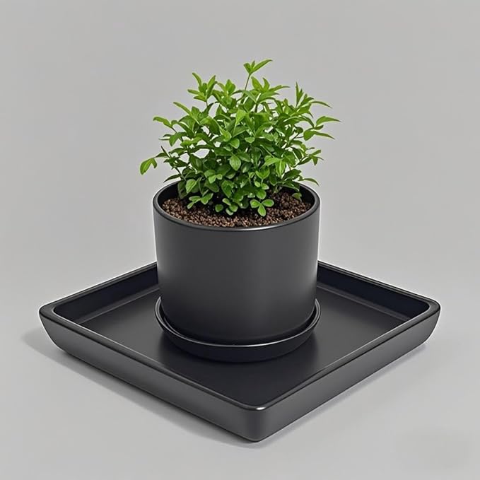 Square Plant Saucer 8 Inch 2 Pack，Plant Trays for Pots, Black Ceramic Plant Saucers for Indoors Outdoors, Plant Drip Tray 4 6 8 10 12 14 Inch