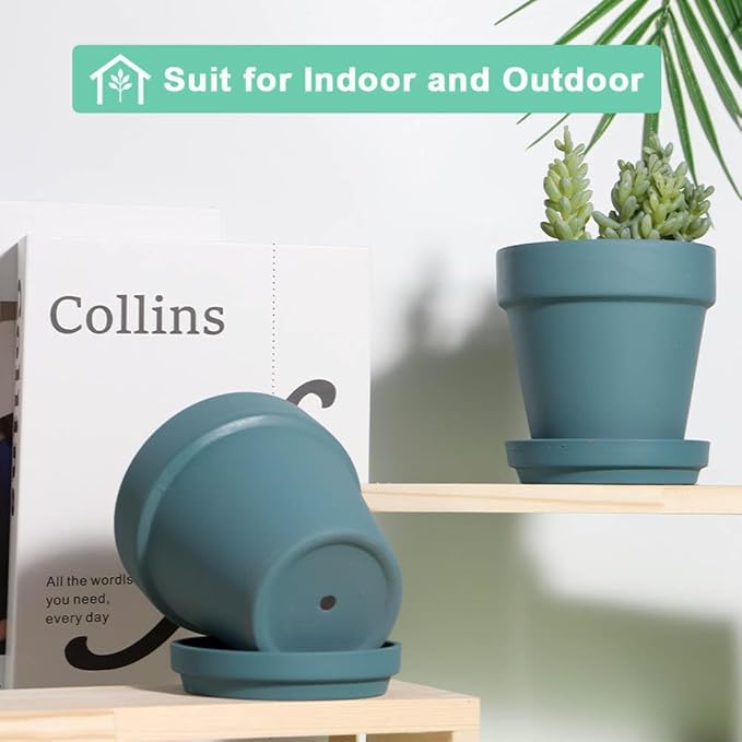 vensovo 4 Inch Small Steel Blue Terracotta Plant Pots with Saucer - 6 Pack Clay Flowerpots with Drainage, Great for Indoor Outdoor Plants, Crafts, Wedding Favor