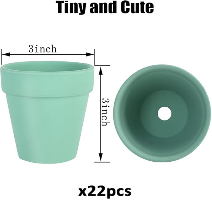 3 Inch Terracotta Pots - 22Pack Clay Flower Pots with Drainage Hole, Succulent Nursery Pot/Cactus Plant Pot. Great for Plants, Crafts, Wedding Favorn, DIY Production (Light green)