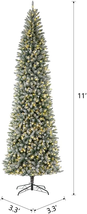 Glitzhome 11ft Pre-Lit Artificial Christmas Tree, Snowy Splendor Fir Hinged Pencil Christmas Tree Holiday Decoration with 950 Warm White Lights and Foldable Metal Stand, Easy Assembly