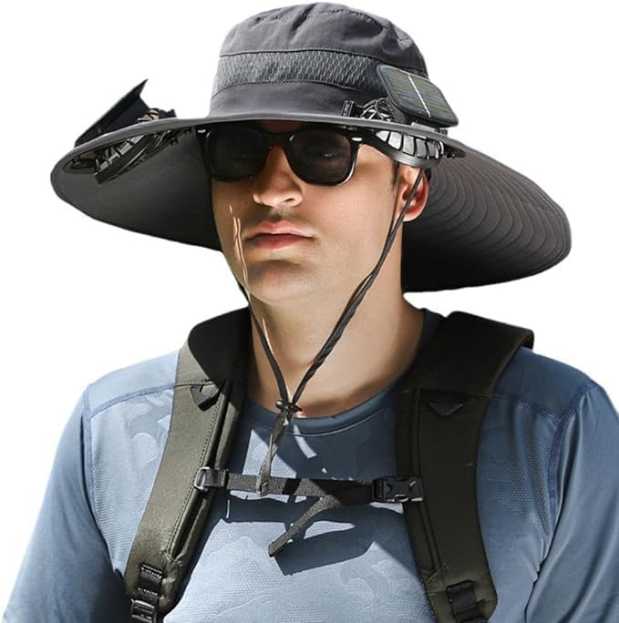 Solar Fan Hat Breathable Wide Brim Sun Hat for Men Women Sun Bucket Fishing Hats with 2 Solar Fan UPF 50+ Outdoor
