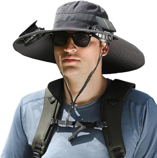 Solar Fan Hat Breathable Wide Brim Sun Hat for Men Women Sun Bucket Fishing Hats with 2 Solar Fan UPF 50+ Outdoor