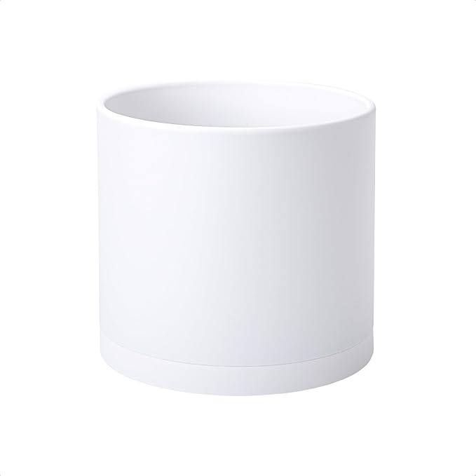 D'vine Dev 8 Inch Plastic Planter Pots for Plant Pot with Drainage Hole and Seamless Saucers, White Color, 74-X-A-1