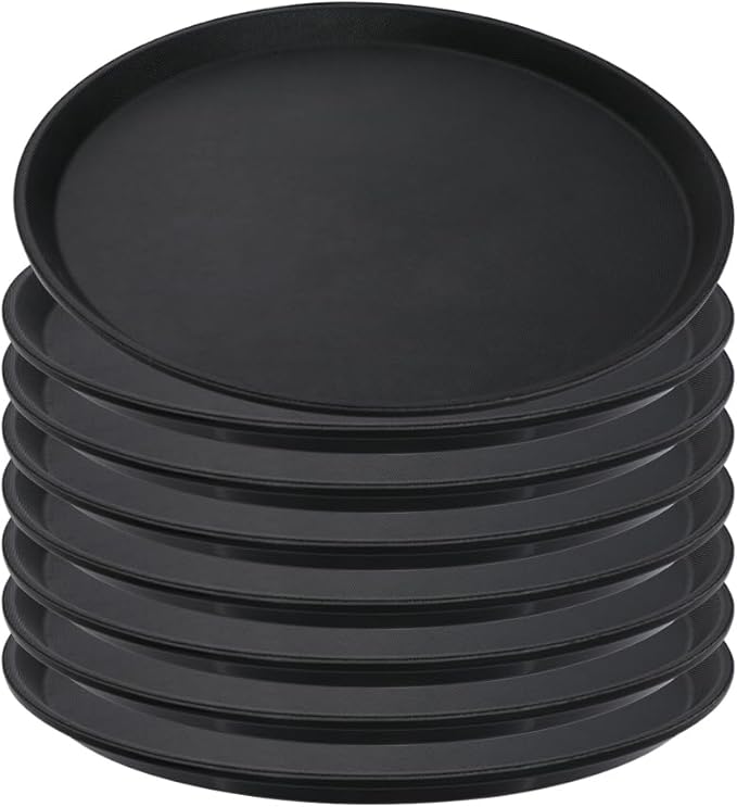8 Pcs 14 Inch Black Round Restaurant Serving Tray - Plastic Food Meals Server Tray with Raised Edges Non-Slip Surface for Home Kitchen Restaurant Cafeteria Bar