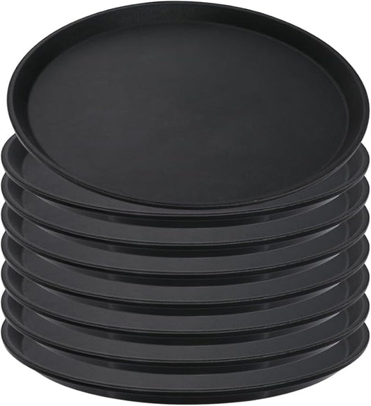 8 Pcs 14 Inch Black Round Restaurant Serving Tray - Plastic Food Meals Server Tray with Raised Edges Non-Slip Surface for Home Kitchen Restaurant Cafeteria Bar