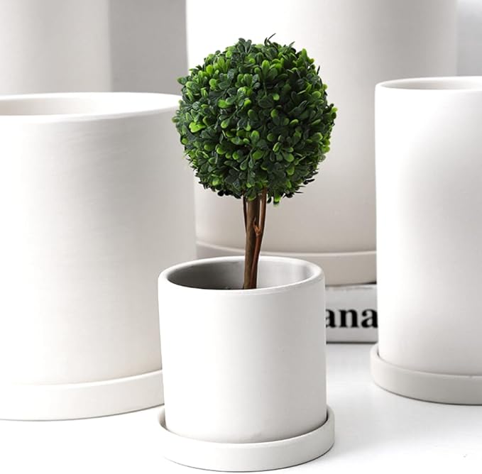 Braque Ceramic Plant Saucer 4.9 Inch, 2 Pack Round White Flower Plant Saucers for Holding Water Drips and Soil, Ceramic Drainage Tray for Plant Pots, Include Silicone Feet Protect Surface