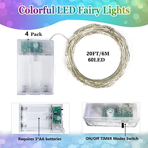 4 Pack 60 LED Christmas Fairy Lights Battery Operated with Timer, 20FT Waterproof Twinkle Lights Indoor Outdoor, String Lights for Bedroom, Wedding, DIY, Centerpiece, Christmas Decorations(Multicolor)