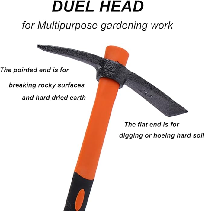 Mattock Hoe Pick Axe with Heavy Duty Forged Adze and Ergonomic Non-Slip Handle 15-inch for Gardening, Hunting, Landscaping Outdoor