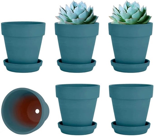 vensovo 4 Inch Small Steel Blue Terracotta Plant Pots with Saucer - 6 Pack Clay Flowerpots with Drainage, Great for Indoor Outdoor Plants, Crafts, Wedding Favor
