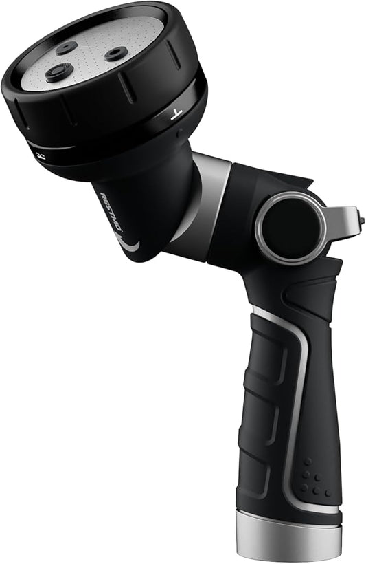 RESTMO 2-IN-1 Garden Hose Nozzle, Heavy Duty Metal Water Hose Nozzle with 4 Spray Patterns, Magic Twist and Thumb Flow Control, Ideal for Watering Plants & Lawns, Washing Cars & Pets, Black