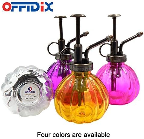 OFFIDIX Yellow Glass Watering Can Indoor, 6.3" Tall Vintage Style with Bronze Plastic Top Pump One Hand Spray Bottle