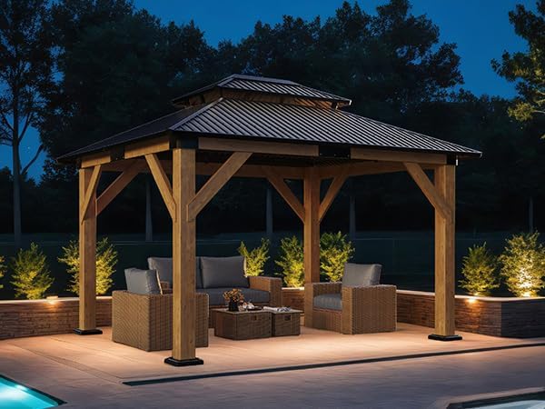 10x12 FT Wood Gazebo, Outdoor Hardtop Gazebo with Aluminum Double Roof, Outdoor Wooden Pavilion for Parties, Backyard, Patio, Lawns, Black + Natural Wood