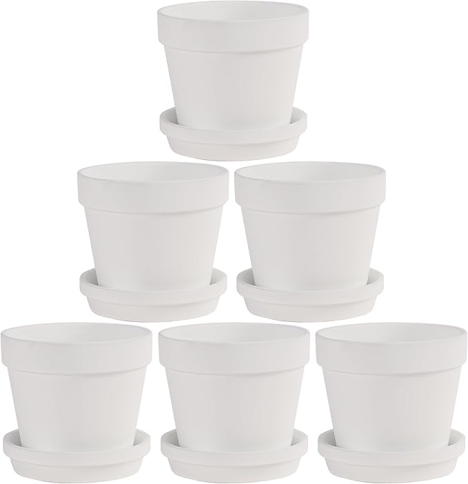 Fcacti 6 Pack 4.5 Inch White Terra Cotta Pots with Saucer, Clay Planters with Drainage Hole, Indoor/Outdoor Plants, Succulent, Cactus Flower Pots