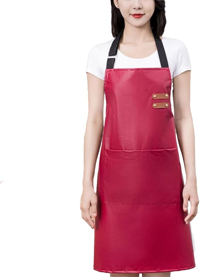 Waterproof Apron Large Pocket PU Material Waterproof Oil-proof Dust-proof Apron Black and Red
