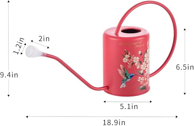 Yowon 1/2 Gallon 68oz Long Spout Stainless Steel Flower and Hummingbird Pattern Watering Can for Indoor Plant Watering or Outdoor Gardening with 2 Removable Spray Spout for Flowers Plant,Red,YW0414RP