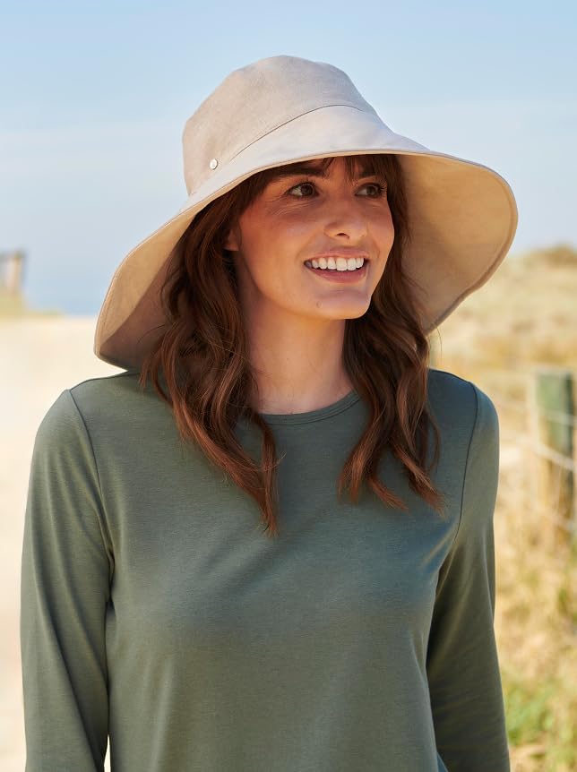Solbari Women’s Ultra-Wide Cotton Linen Sun Hat UPF 50+, Packable, Adjustable with Ponytail Hole for Travel, Beach & Outdoors