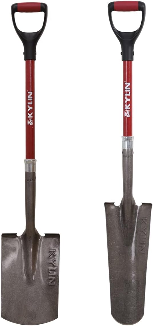 KYLIN Garden Spade Shovel and Drain Spade for Digging Trenches Gardening Construction Heavy Duty Fiberglass D-Handle Shovel 2-Piece Set