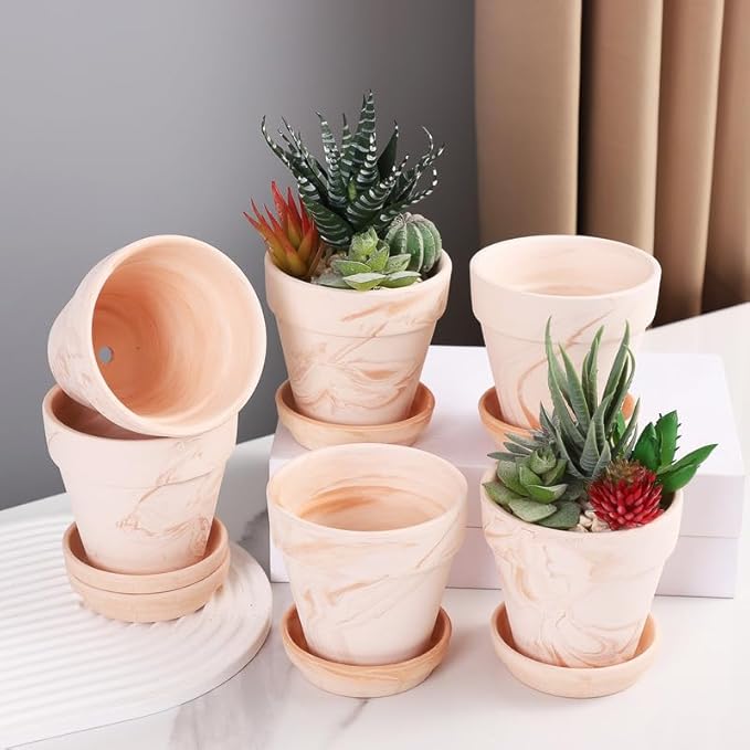 Fcacti 4 Inches Small White Mixed Terracotta Pots with Saucer, 6 Pack 4" Terra Cotta Planter with Drainage Holes,Small Clay Flower Pots for Plants,Succulents,Crafts,Wedding Favor