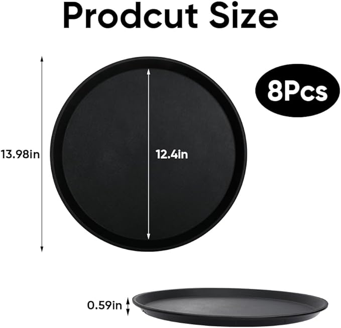 8 Pcs 14 Inch Black Round Restaurant Serving Tray - Plastic Food Meals Server Tray with Raised Edges Non-Slip Surface for Home Kitchen Restaurant Cafeteria Bar