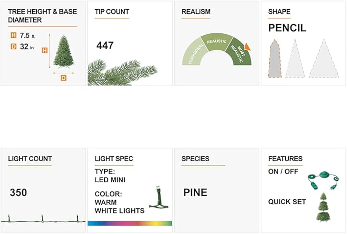 Glitzhome 7.5ft Pre-Lit Flocked Pencil Pine Artificial Christmas Tree with 350 Warm White Lights and Foldable Metal Stand for Home, Office, Party Decoration, Easy Assembly