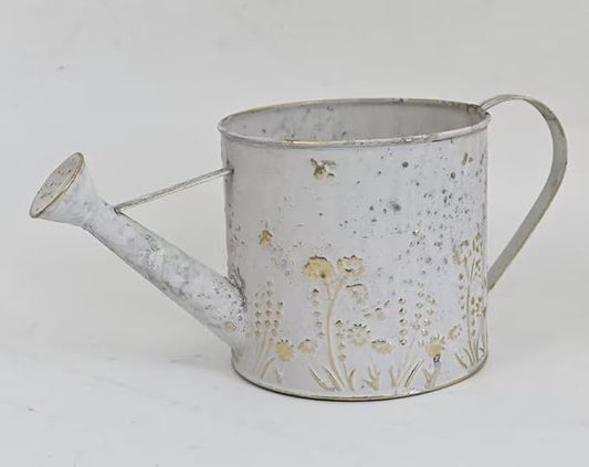 Vintage Watering Can Rustic Farmhouse Metal Watering Pot Garden Decorative Planter for Home Patio Outdoor Wedding Party Decor (White - Gold)