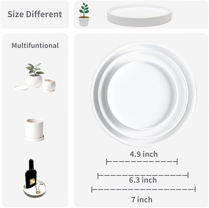 Braque Ceramic Plant Saucer 6.3 Inch, 2 Pack Round Matte White Flower Plant Saucers for Holding Water Drips and Soil, Ceramic Drainage Tray for Plant Pots, Include Silicone Feet Protect Surface