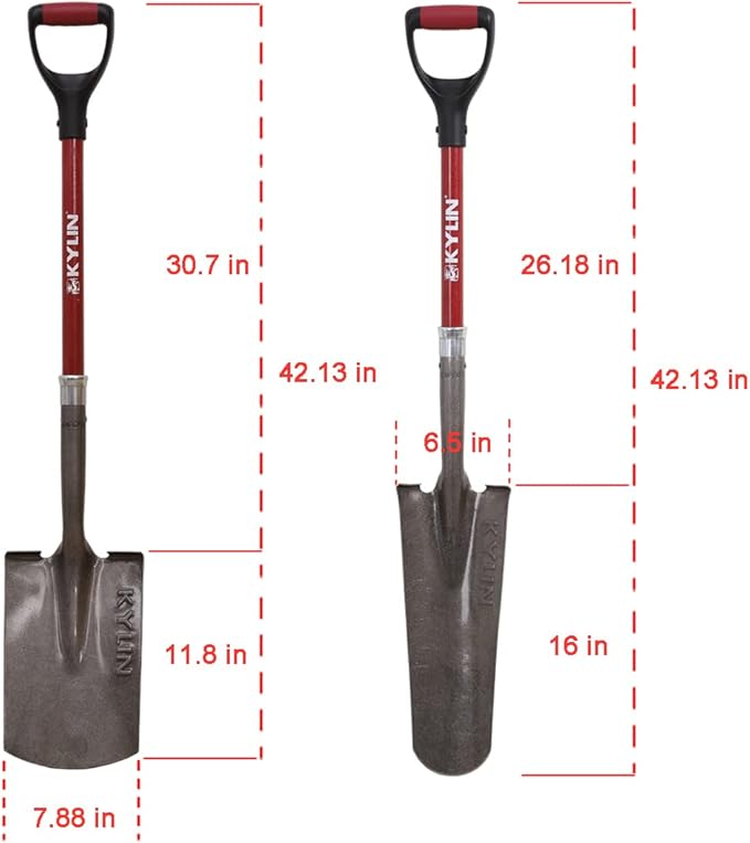 KYLIN Garden Spade Shovel and Drain Spade for Digging Trenches Gardening Construction Heavy Duty Fiberglass D-Handle Shovel 2-Piece Set