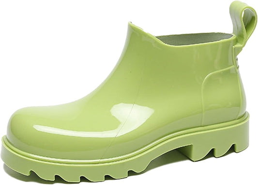 Women's PVC Lug Sole Ankle Rain Boots Comfort Round Toe Waterproof Low Chunky Platform Non-Slip Mid Top Garden Chelsea Short Galoshes for Outdoor Work