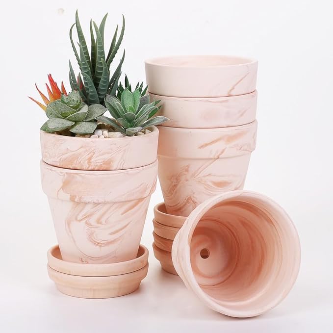 Fcacti 4 Inches Small White Mixed Terracotta Pots with Saucer, 6 Pack 4" Terra Cotta Planter with Drainage Holes,Small Clay Flower Pots for Plants,Succulents,Crafts,Wedding Favor