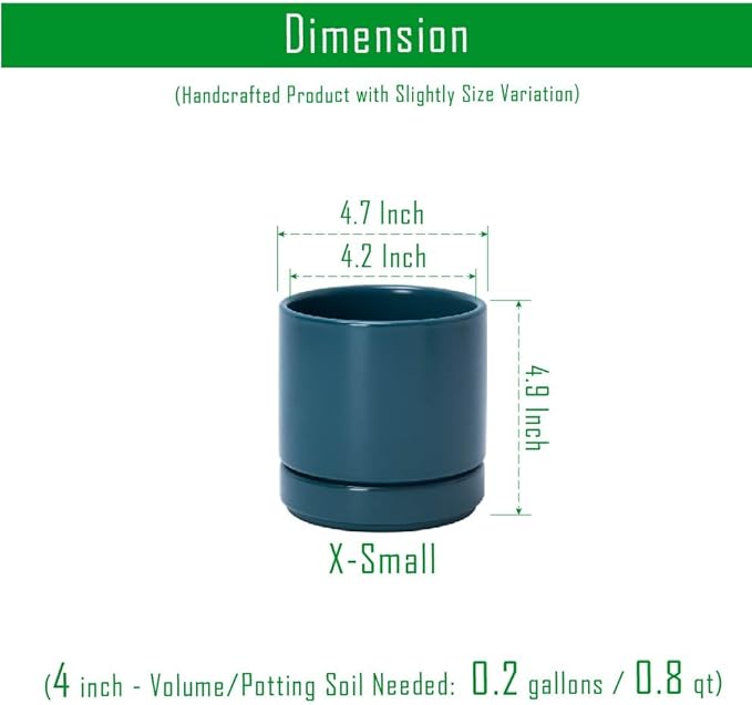 D'vine Dev Set of 2 Plants Pots, 4.7 Inch Ceramic Planter Pot for Plants with Drainage Hole and Saucer, Teal, 94-V-B-9