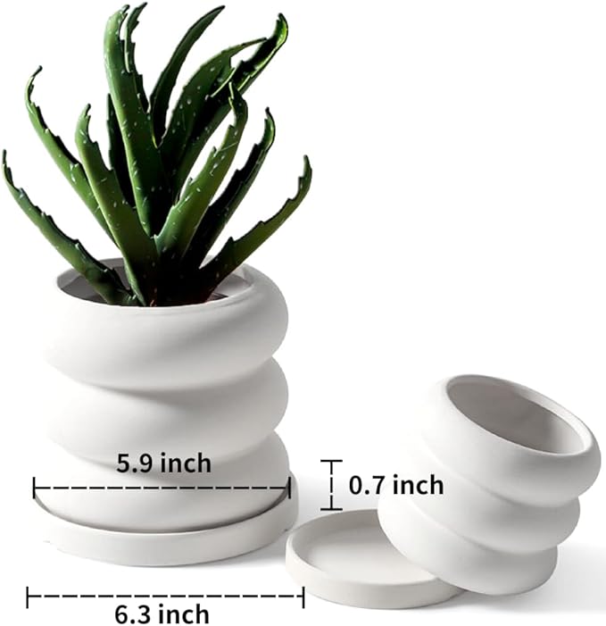 Braque Ceramic Plant Saucer 6.3 Inch, 2 Pack Round Matte White Flower Plant Saucers for Holding Water Drips and Soil, Ceramic Drainage Tray for Plant Pots, Include Silicone Feet Protect Surface