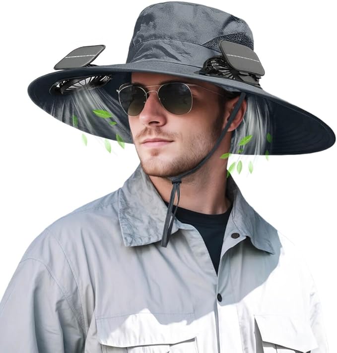 Solar Powered Fan Hat for Men Women Wide Brim Hat with 2 Fans UPF 50+ Outdoor Fishing Beach Sun Hat