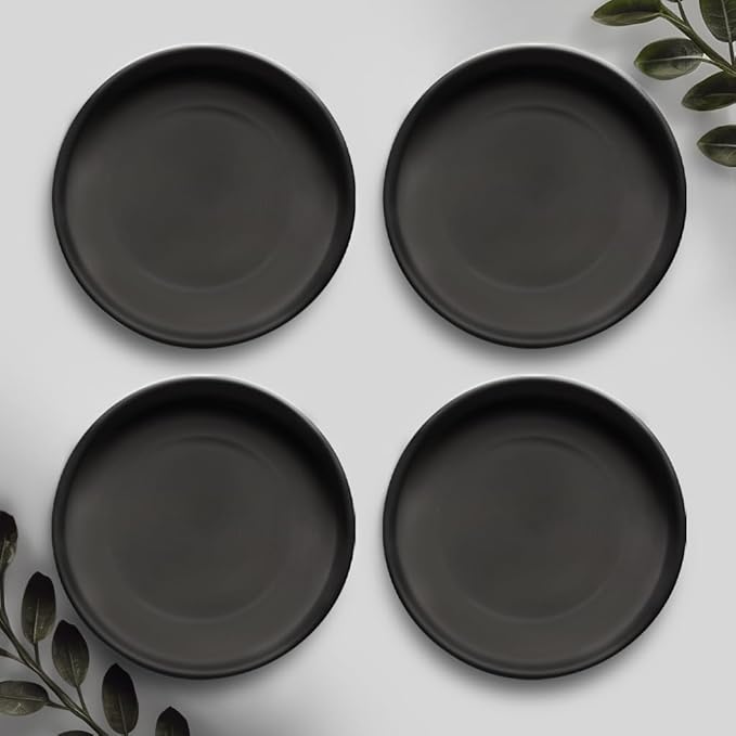 Willowy Heavy Duty Ceramic 4 Inch Plant Saucer in Black - Pack of 4 - Scratch-Resistant Drainage Trays for Pots 4.25" at the Base or Less - Small Plant Saucers, Plant Drip Trays for Plants