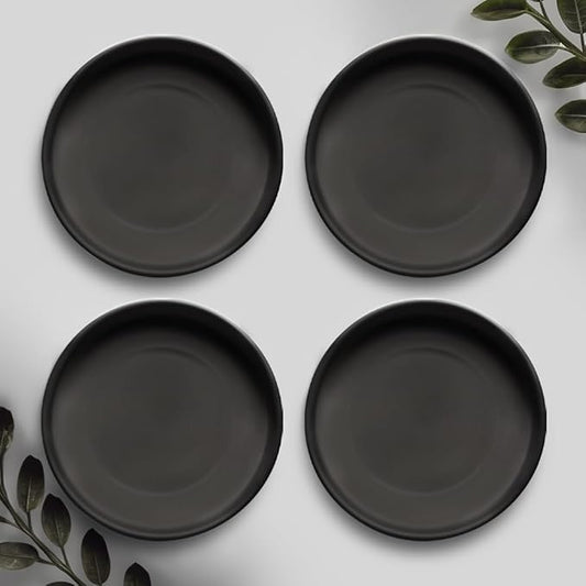 Willowy Heavy Duty Ceramic 4 Inch Plant Saucer in Black - Pack of 4 - Scratch-Resistant Drainage Trays for Pots 4.25" at the Base or Less - Small Plant Saucers, Plant Drip Trays for Plants